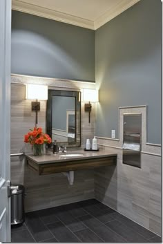 beautiful bathroom, looks easy to clean/wipe down. Office Bathroom Design, Commercial Bathroom Designs, Chiropractic Office Design, House Bathroom Designs, Optometry Office, Toilette Design, Medical Office Decor