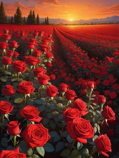 a field full of red roses with the sun setting in the background