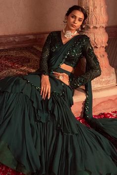 Shop for Nidhika Shekhar Green Georgette Subh Shree Pre-draped Lehenga Saree With Blouse for Women Online at Aza Fashions Draped Lehenga, Drape Lehenga, Ruffle Saree, Padded Blouse, Drape Saree, Lehenga Saree, Blouse For Women, Pattern Embroidery, Bottle Green