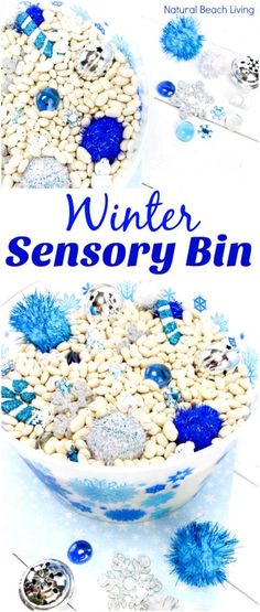 a bowl filled with white beans and blue snowflakes next to the words winter sensory bin