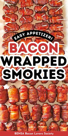 An appetizer platter of little smokies sausages wrapped in bacon on toothpicks. Little Smokies Crockpot, Little Smokies Wrapped In Bacon, Bacon Wrapped Lil Smokies, Smokies Recipe, Bacon Wrapped Appetizers, Bacon Wrapped Smokies, Sausage Appetizers, Little Smokies