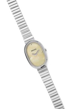 Wrap your wrist in this slender and elegant timepiece which has a mother-of-pearl dial and minimalist styling for a clean, uncluttered look. 23mm case; 12mm band width Adjustable bracelet; links can be removed at your local Nordstrom.  Deployant clasp closure Quartz movement Mineral crystal face Mother-of-pearl dial Stainless steel or stainless steel with 14k-gold plate Imported Bling Bags, Vintage Watches Women, Jewelry Clasps, Champagne Color, Keep Jewelry, Metal Bracelets, Stainless Steel Band, Silver Pearls, Adjustable Bracelet