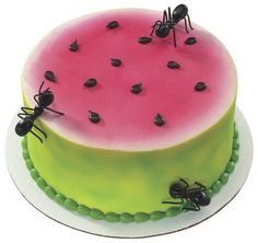 a watermelon cake with black ants on top