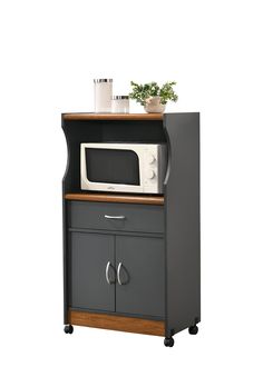 a microwave oven sitting on top of a wooden cabinet next to a potted plant