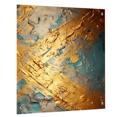 an abstract painting with gold, blue and white colors on it's canvases