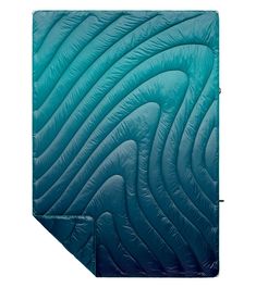 an image of a blue sleeping bag with waves on the inside and outside, as seen from above