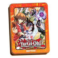 the card game yu gi oh is in an orange tin with red and yellow accents