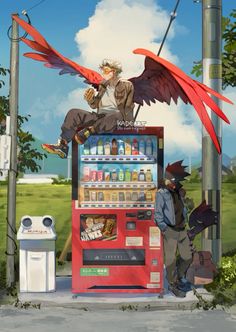 two people standing next to a vending machine with wings on it's roof