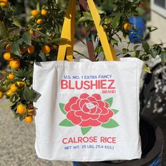 a tote bag hanging from a tree with oranges in the background and an advertisement for bluehiez brand on it