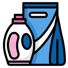 a blue and pink container with a white bottle next to it on a white background