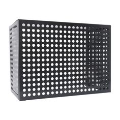 a black plastic basket with holes on the front and sides, sitting against a white background