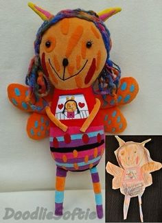 a stuffed animal with long hair and colorful clothes on it's body, next to an image of a doll