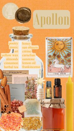 a collage of various items including an apple, honey, sunflowers and other things