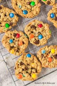 cookies with m & m's and chocolate chips on a cooling rack