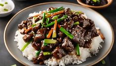 a white plate topped with rice covered in meat and veggies on top of it