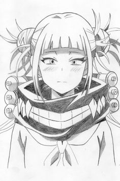 a drawing of an anime character with long hair and big eyes, wearing a scarf