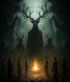 a group of people standing next to each other in front of a dark forest filled with deer