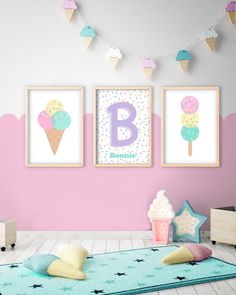 two ice cream posters on the wall in a child's room with pink walls