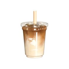 an iced coffee cup with a straw sticking out of it's top, on a white background