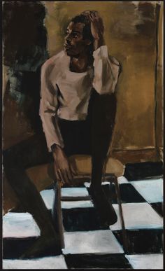 a painting of a man sitting in a chair on a checkered floor with his hand up to his head