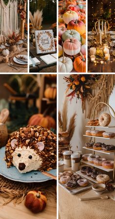 a collage of photos with pumpkins, donuts and other foods on display