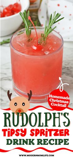 rudolph's trippy spritzer drink recipe with rosemary garnish in a glass