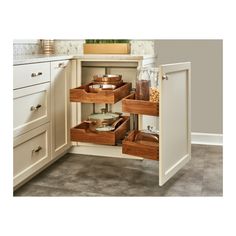 an open cabinet in a kitchen filled with food