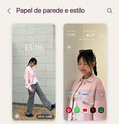 an image of a woman walking in front of a wall with the text paper de parede e estilo on it