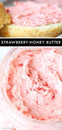 strawberry honey butter in a glass jar next to an image of a sandwich on a plate