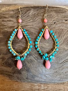 Gold filled chandelier earrings with turquoise and coral gemstones Elegant Turquoise Chandelier Earrings With Round Beads, Coral Earrings Gold Indian, Turquoise Drop Chandelier Earrings With Ear Wire, Turquoise Chandelier Earrings With Colorful Round Beads, Pink Dangle Chandelier Earrings, Turquoise Chandelier Drop Earrings, Turquoise Chandelier Earrings, Earrings Gold Indian, Turquoise Teardrop Chandelier Earrings