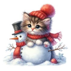 a cat sitting on top of a snowman wearing a hat and scarf with a snowman