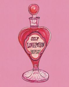 a painting of a pink perfume bottle with the words self lovepoption written on it