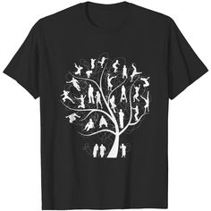 a black t - shirt with white silhouettes of people in a tree on it