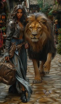 a painting of a woman and a lion walking down a street with bags on it