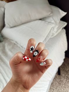 #nailinspo #nails Black Red White Nails Design, Red Black And White Short Nails, Black And Red And White Nails, Red Punchy Nails, 8 Ball Nails Red, Get X Nails, Red Western Nails Acrylic, Red And White Checkered Nails, Nail Day Outfit