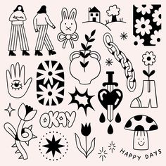 an assortment of doodle designs with the words happy holidays written in black and white