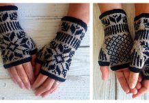 two pictures of hands with knitted mitts on them