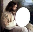 a painting of jesus holding a white circle in front of his face and looking at the viewer