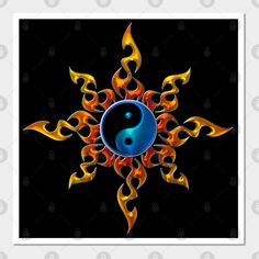 the yin symbol in flames on a black background with an orange and blue flame effect