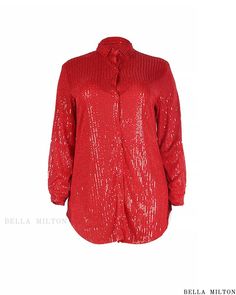 Bella Milton - Elegant Plus Size Long Sleeve Sequin Shirt Dress with Allover Embellishments Elegant V-neck Party Shirt, Elegant Long Sleeve Sequin Shirt, Spring V-neck Party Shirt, Embellished Long Sleeve Party Shirt, Long Sleeve Sequin Tops For Holiday Party, Holiday Party Long Sleeve Sequin Top, Long Sleeve Blouse For Holiday Party In Fall, Long Sleeve Blouse For Fall Holiday Party, Fall Holiday Party Long Sleeve Blouse