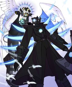 an anime character standing in front of another character with wings on his head and arms outstretched