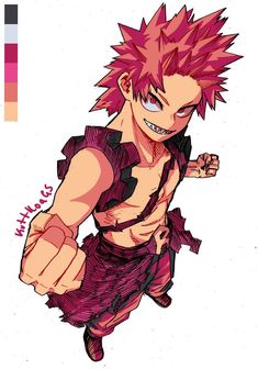 an anime character with pink hair and red eyes, pointing his finger at the camera