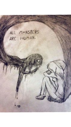 a drawing of a person sitting in front of a tree with the words all monsters are human