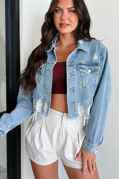 Cairo Distressed Denim Crop Jacket (Medium Denim) - NanaMacs Denim Crop Jacket, Crop Top Casual, Graphic Dress, Flying Monkey Jeans, Denim Coat Jacket, Basic Dress, Work Tops, Short Mini Dress, Basic Tops