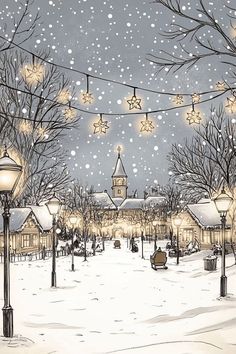 a drawing of a snowy street with lights strung from the trees and buildings in the background