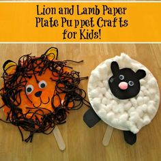 lion and lamb paper plate puppet craft for kids on wooden table with text overlay that says lion and lamb paper plate puppet craft for kids