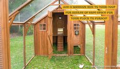 a chicken coop with the door open and an advertise on it that says add a mansion run to your coop for goddesss of safe space for your flock to escape