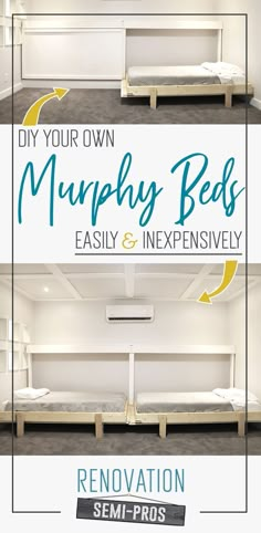 three different types of beds with the words diy your own murphy beds easy and expensive