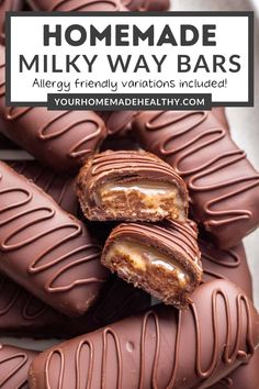 homemade milky way bars stacked on top of each other with text overlay that reads, homemade milky way bars