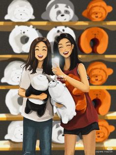 two women are holding stuffed animals in front of shelves with teddy bears on them and smiling